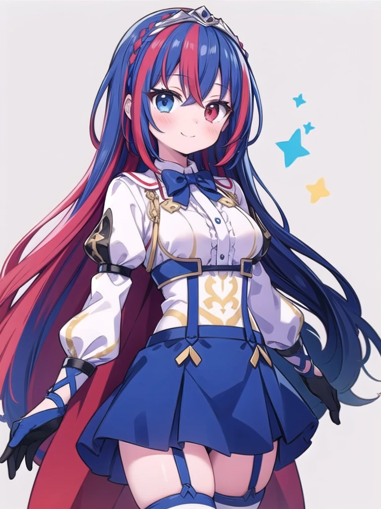 1girl, masterpiece, best quality, perfect hands, smile, blush, closed mouth, long sleeves, blue eyes, red eyes, multicolored hair, red hair, blue hair, crown braid, very long hair, bowtie, suspenders, blue skirt, white thighhighs, blue garter straps, white cape, alear \(fire emblem\), heterochromia, crossed bangs, split-color hair, tiara, armor, gloves, jewelry, thighhighs, skirt, cowboy shot, zettai ryouiki