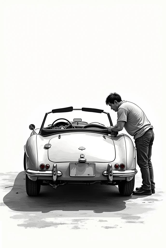 Cars are fun、Don't build a new car, build your favorite car、T-shirt design、An illustration、Rear of the car、Back view of a man taking care of his car、Monochrome design、Brush writing、Handwritten style、Japanese men、Driving a convertible、