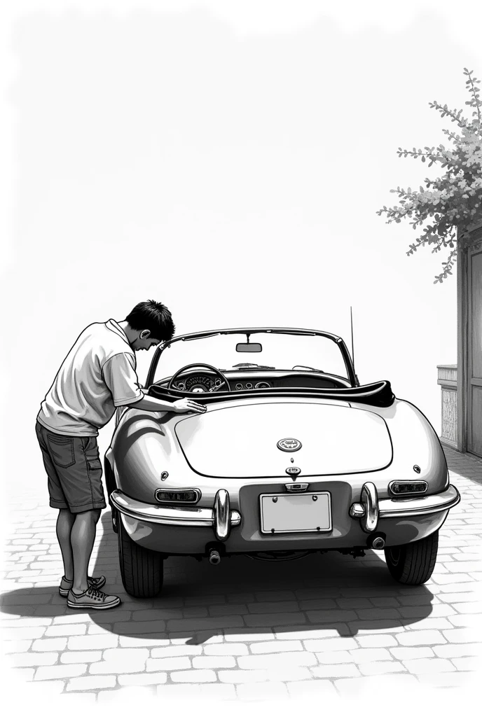 Cars are fun、Don&#39;t build a new car, build your favorite car、T-shirt design、An illustration、Rear of the car、Back view of a man taking care of his car、Monochrome design、Brush writing、Handwritten style、Japanese men、Driving a convertible、