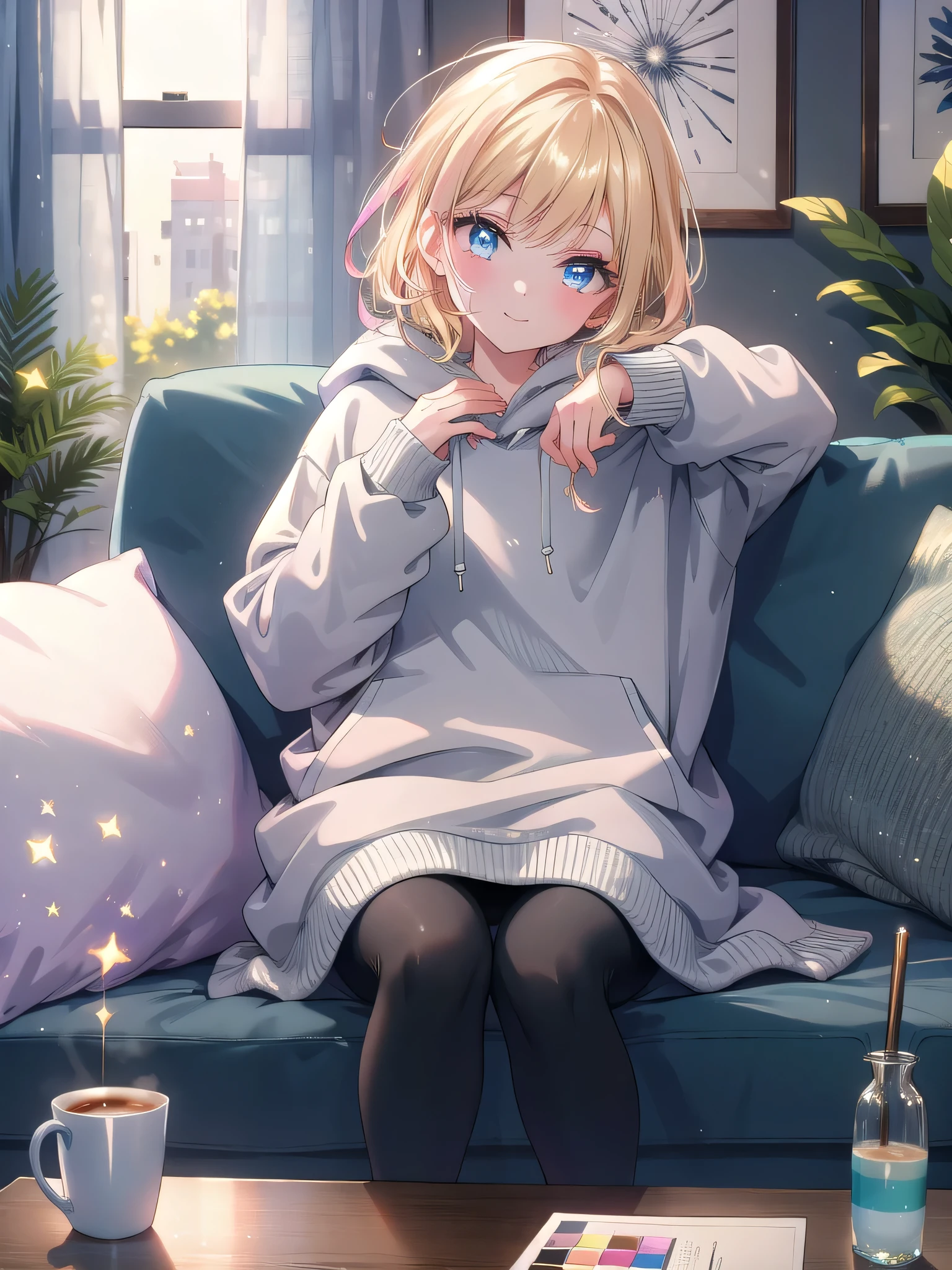 ((8k, Highest quality, masterpiece: 1.3)),Ultra-high resolution,(1 girl, alone), (Color changing eyes, Ultra-detailed, Expressive brilliance, Glitter, Glowing Eyes), Highly detailed eyes, Highly detailed face, Random Hair, ((pastel colour))The woman, with short, tousled blonde hair, is lounging on the couch in the living room, her feet propped up on the coffee table as she scrolls through her phone. She’s wearing an oversized grey hoodie and black leggings, her expression relaxed with a soft, sleepy smile. The room is filled with soft morning light, creating a calm and cozy atmosphere. Her blue eyes glance up at the camera with a content, easygoing look, embodying the laid-back vibe of a lazy Sunday morning.
