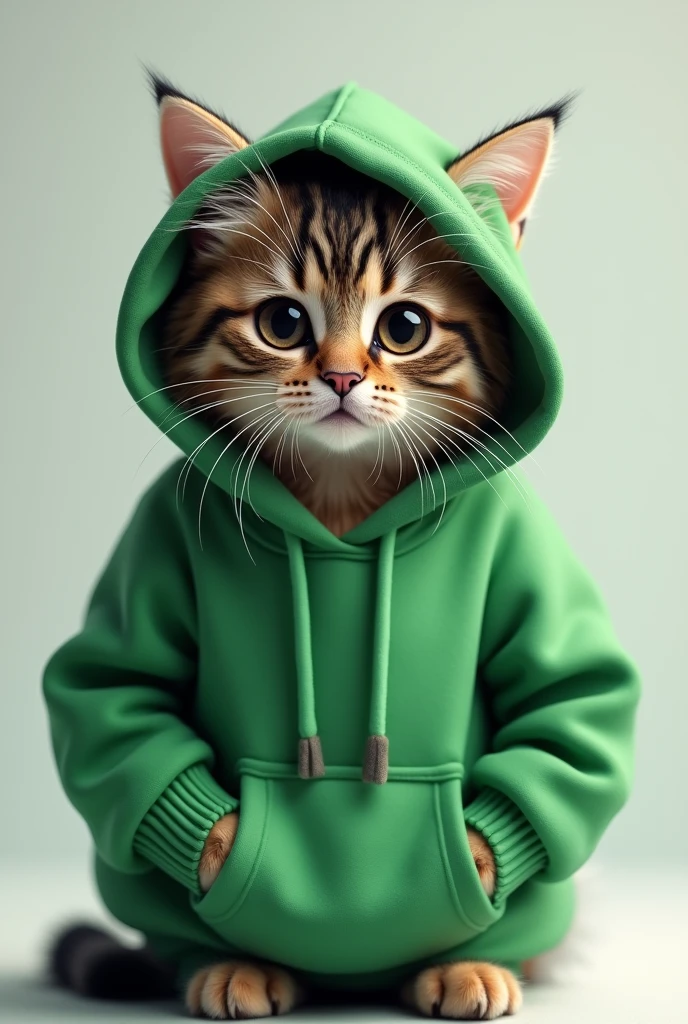 Cat wearing green hoodie