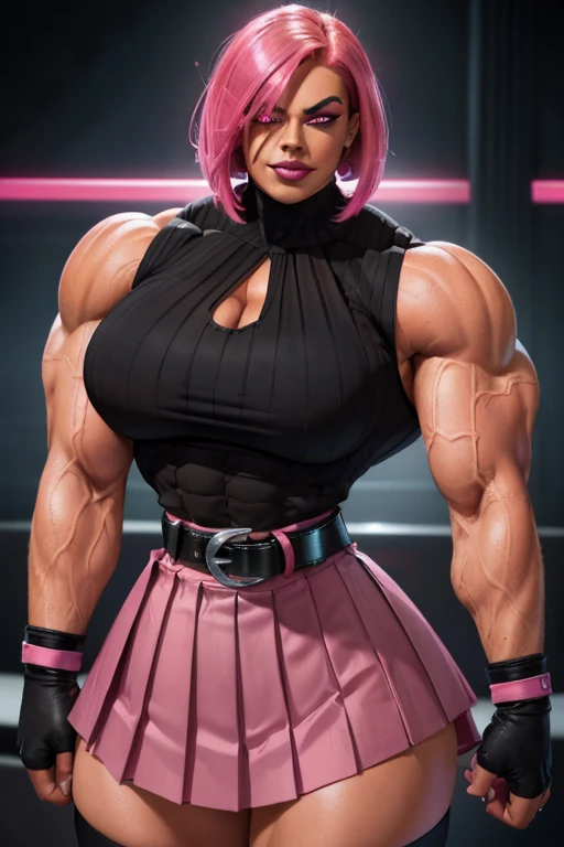 ((Close-up)), tall, (shocking pink hair) beautiful muscular woman, angled bob cut, brown skinned, closed smile, (black lipstick), (massive muscles), (hyper muscle), ((ginormous bulky muscles)), ((glowing red eyes)), (((sleeveless pink pleated shirt))), (((black long pleated skirt with belt))), (fingerless gloves), necktie, thigh highs, in a dark rooftop,