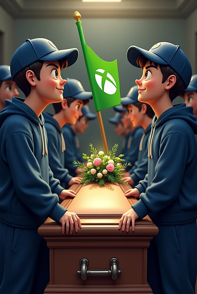 Create a realistic image of some people at a wake looking at a coffin wearing dark blue sweatpants and a blue cap with the PlayStation logo on the cap. These people are very happy and on the coffin there is a green flag with the initials XBOX..