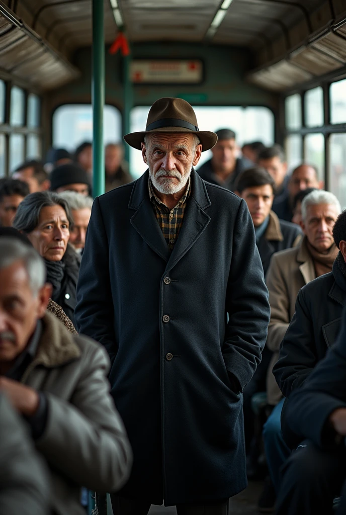D'accord, voici un prompt que t
"Une photo montre un vieux monsieur debout au milieu un bus bondé qui parle a gens présents dans le bus . avec un femme a côté de lui .Il porte un manteau sombre et un chapeau usé, avec des rides profondes marquant son visage. Le bus est rempli de passagers divers, .tout Les gens autour de lui les regards