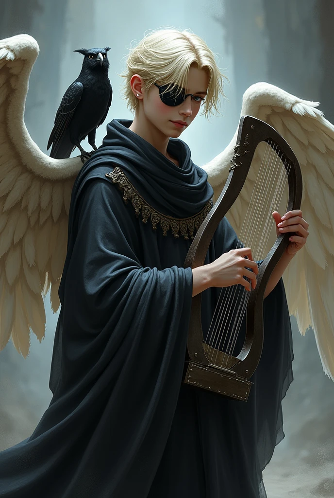 An RPG character, of the Fallen Aasimar race, blond, gray eyes, wears an eye patch over his left eye, Youngh, angel wings made of bones, playing a lyre, wears a black toga and a black owl on his shoulder.
