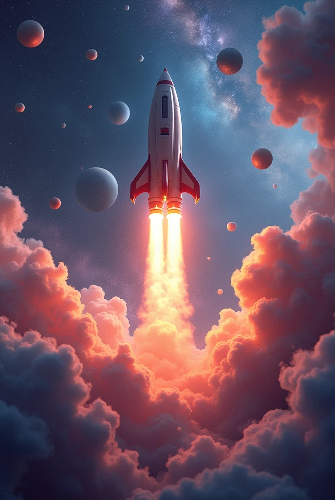 A rocket going up in a colorful space with planets and satellite around