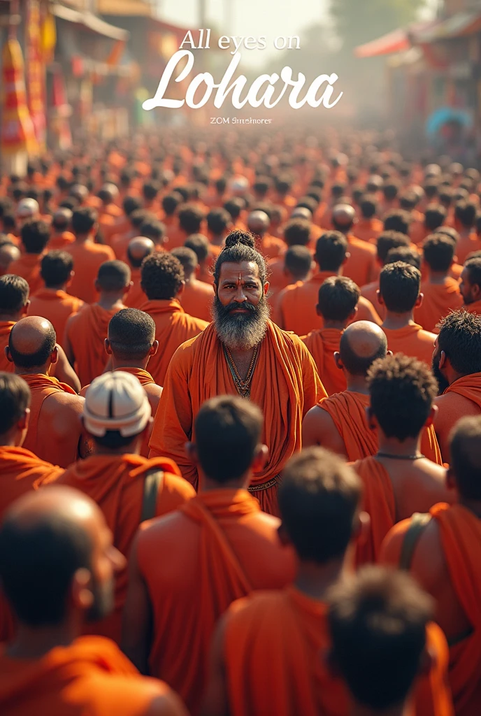 All people standing . In the middle of image the text is written with best font  " All Eyes On Lohara "give me the  best hindu mens image 