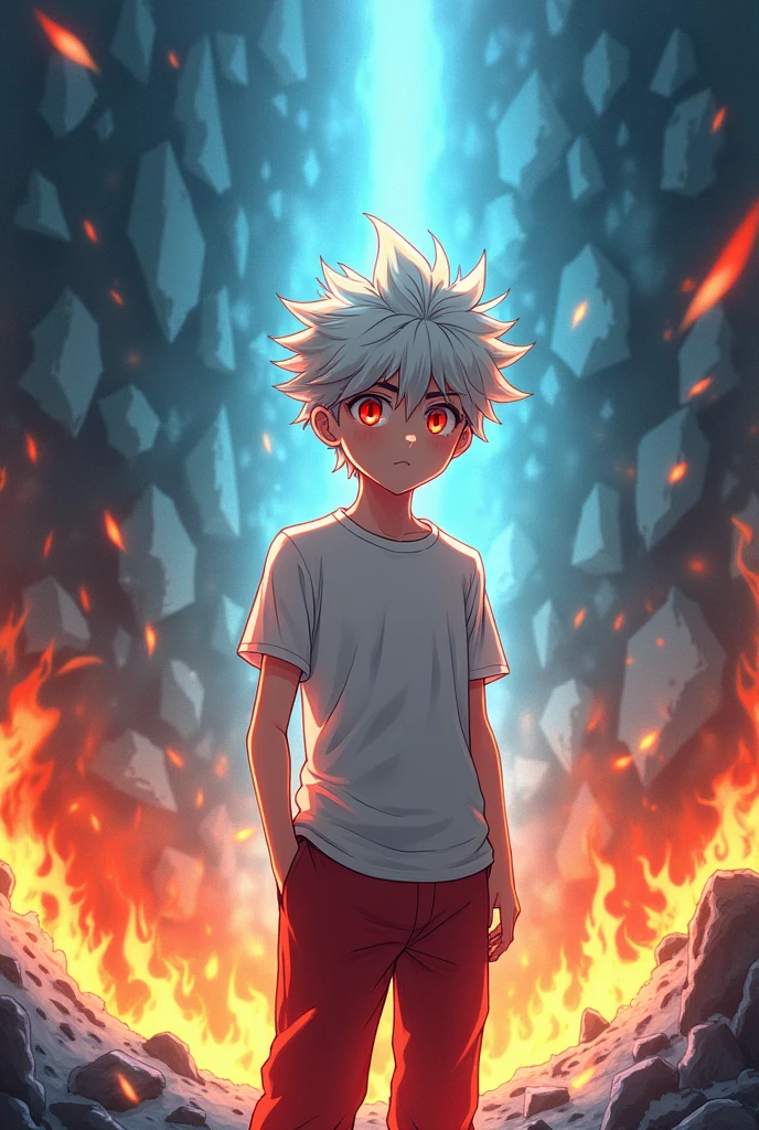 Solo boy,white haired,red eyed , wearing red coloured trousers and , white coloured t shirt, background covered in flames and ice, best quality, masterpiece,anime style, flames burning his t shirt 