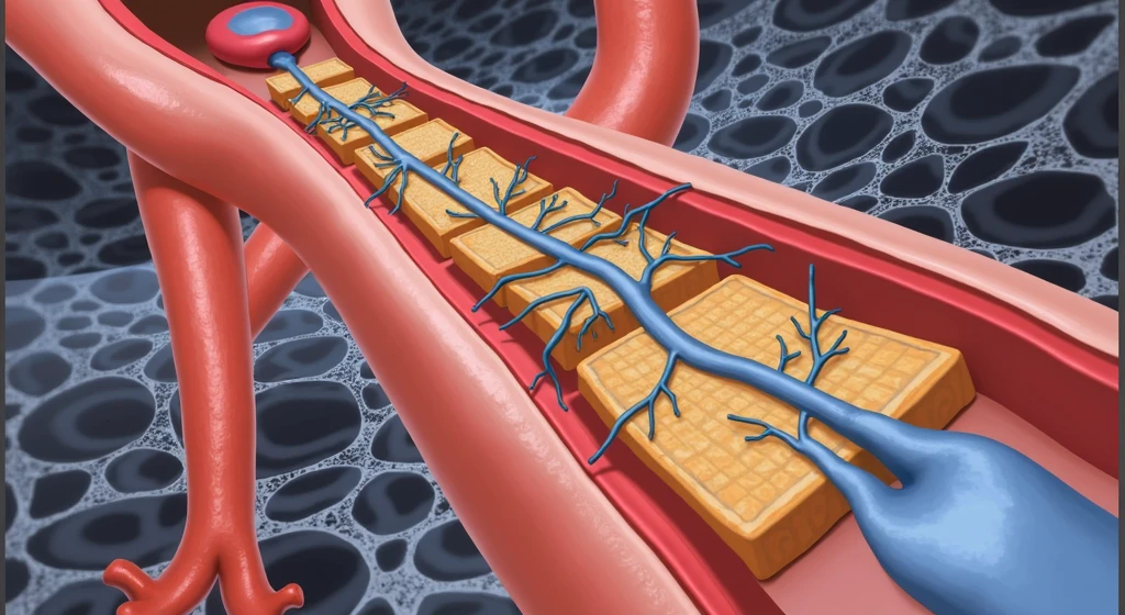 A medical illustration of a cross-section of artery, narrowed by plaque buildup, reducing blood flow. the plaque is shown in yellow.