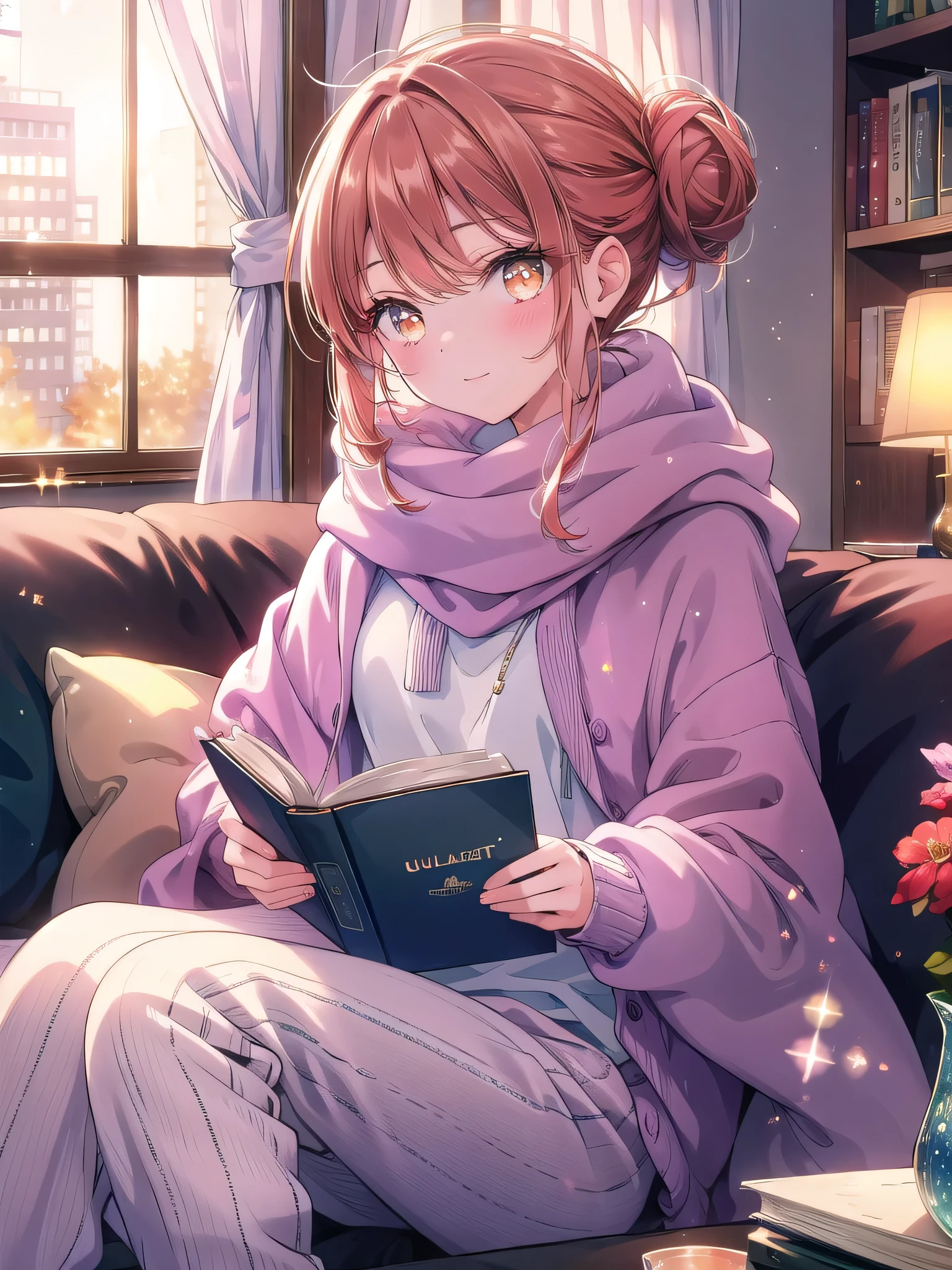 ((8k, Highest quality, masterpiece: 1.3)),Ultra-high resolution,(1 girl, alone), (Color changing eyes, Ultra-detailed, Expressive brilliance, Glitter, Glowing Eyes), Highly detailed eyes, Highly detailed face, Random Hair, ((pastel colour))The woman, with mid-length auburn hair tied back into a loose bun, is curled up on the couch with a blanket draped over her legs. She’s wearing a soft, oversized knit sweater and leggings, her expression relaxed and content as she reads a book. The living room is dimly lit, with the warm glow of a lamp beside her, creating a cozy, intimate atmosphere. Her brown eyes occasionally glance at the camera with a soft, peaceful smile, inviting the viewer to share in her quiet evening.