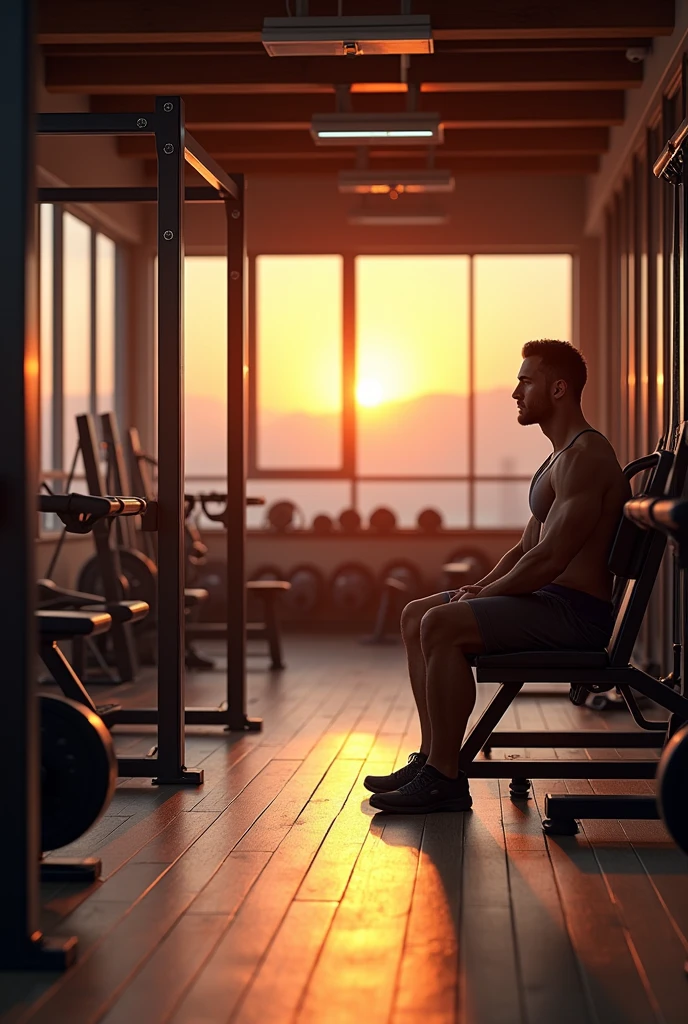 a panoramic image of a gym, man sitting on bench press in the corner, soft sunset light, man is alone, highly detailed, realistic, photorealistic, 8k, HDR, dramatic lighting, cinematic composition, metal plates, clean and organized gym equipment, wood flooring, large windows, sunlight streaming in, muscular man with defined physique, serious expression, comfortable gym attire, focus on details