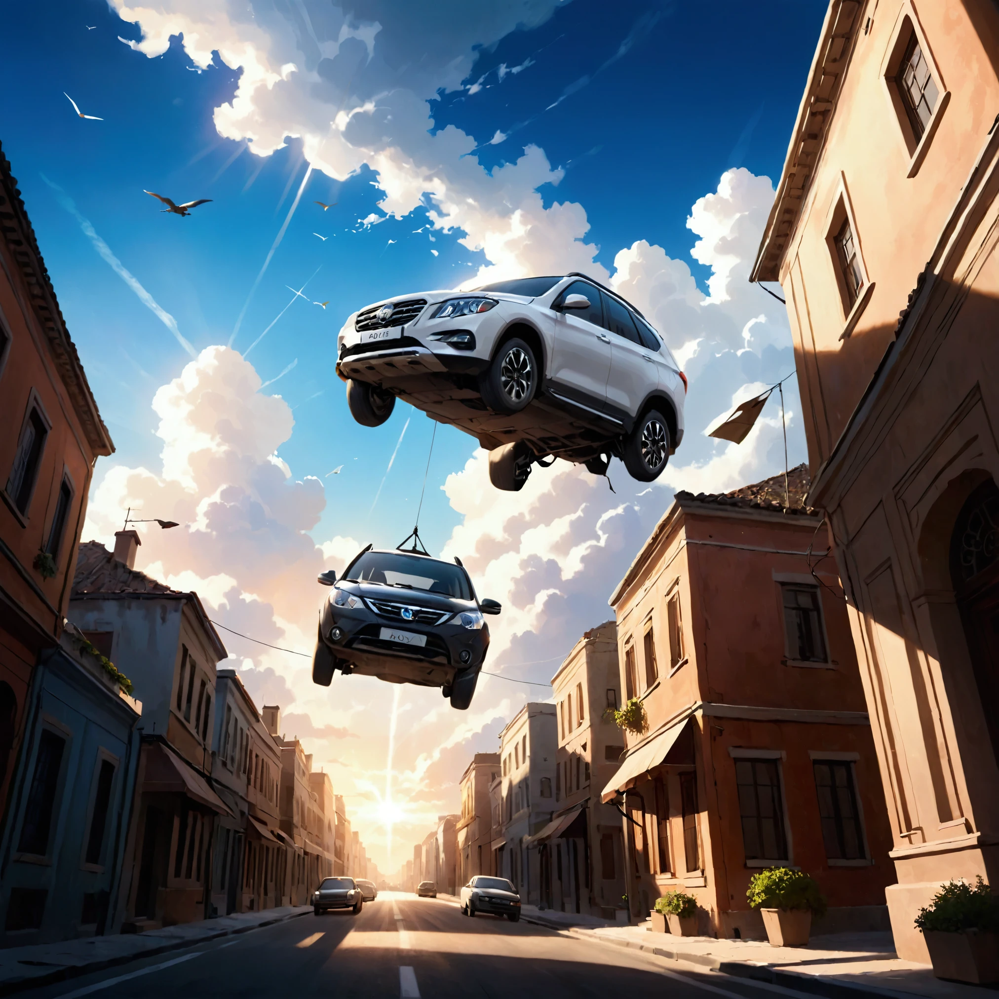 A car flies into the sky