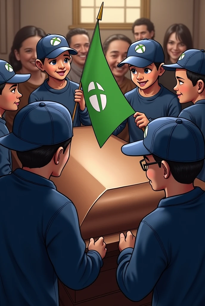 Create a realistic image of some people at a wake looking at a coffin wearing dark blue sweatpants and a blue cap with the PlayStation logo on the cap. These people are very happy and on the coffin there is a green flag with the initials XBOX..
