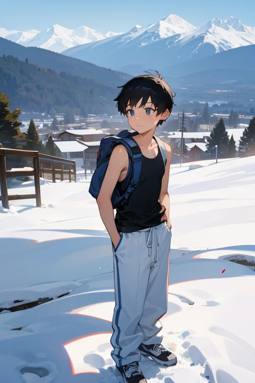 Snowy mountains in the background、An elementary school boy standing wearing a tight white Y-back tank top