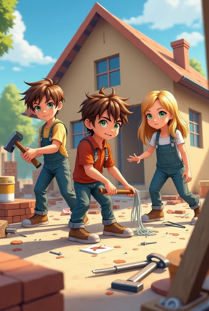 I want three teenagers of . a brown haired one with green eyes, a girl with slightly shorter brown hair and brown eyes and a blonde with medium-length blonde hair and greenish-brown eyes. the 3 showing that they built a house, with construction stuff and everything