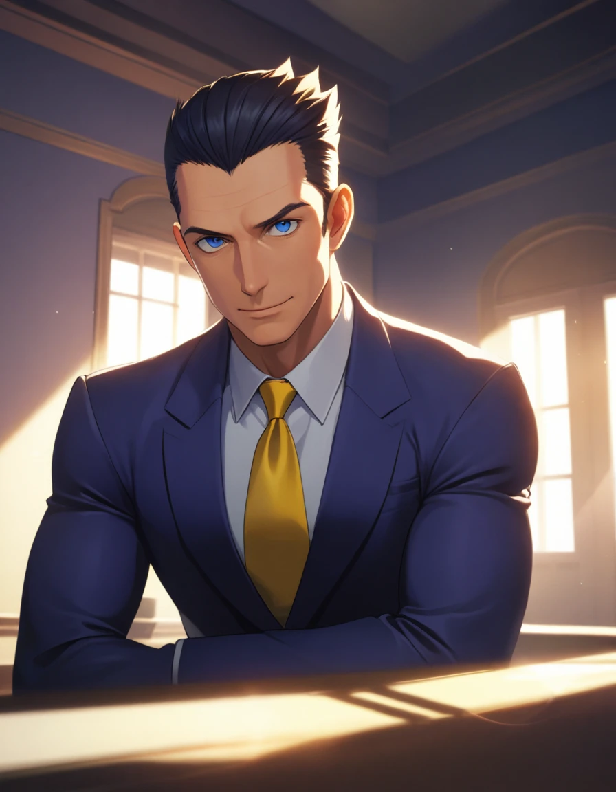 1man, dandy president, solid mature, spiked slicked back, darkblue eyes, businessman hairstyle, olive hair, BREAK dignified producer, toned uncle, ideal ratio body proportions, bold face, high cheekbones, broad shoulder, square shaped, facial wrinkles, BREAK violet formal jacket, purplewhite shirt, yellow necktie, BREAK sexy smile, cool emotion, romance, BREAK solo, upperlegs, smart expression, visual novel, 2000s, in eroge style, in persona style, BREAK depth of field, dutch angle, cinematic shadows, cinematic lighting, lens flare, light leaks, texture, absurdres absolutely resolution, extreme all detailed, greatest painting, BREAK masterpiece, best quality