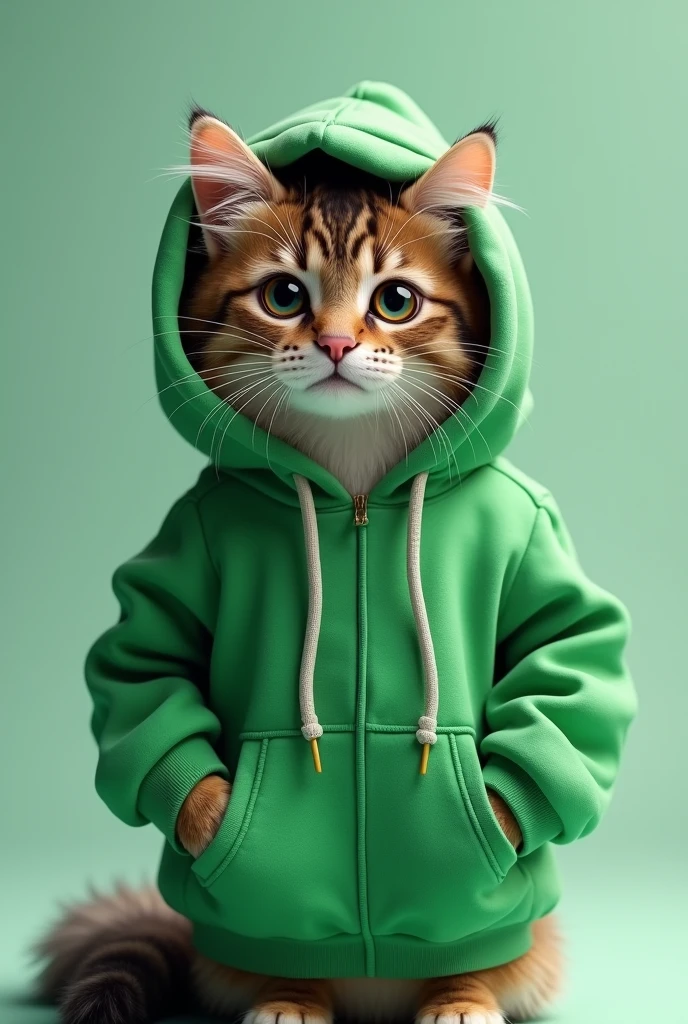 Cat wearing green hoodie