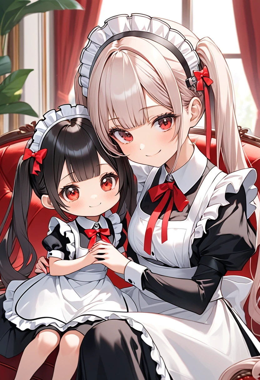 A cute maid-dressed girl and a cute miniature girl are smiling and sitting together on a sofa in a luxurious mansion.、The two girls have red twin-tails、Cute red eyes、Wearing a robot-like barrette。Cute maid hair accessory、She is wearing a gorgeous maid outfit with cute frills.。The normal-looking girl is petting the chibi girl on the head in a sister relationship.。The  looks at me with annoyed eyes.、