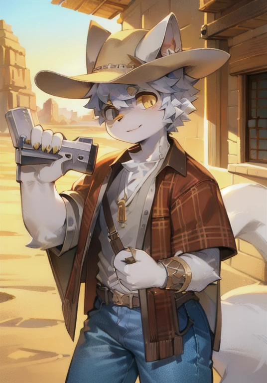 ，White male cat，Boys，Lovely，Q version，，Big furry tail，Hairy pads，Golden Eyes，Silver Hair，Detailed background，desert，Cowboy hat，jeans，Western Cowboy，Plaid Clothes，Holding a pistol
