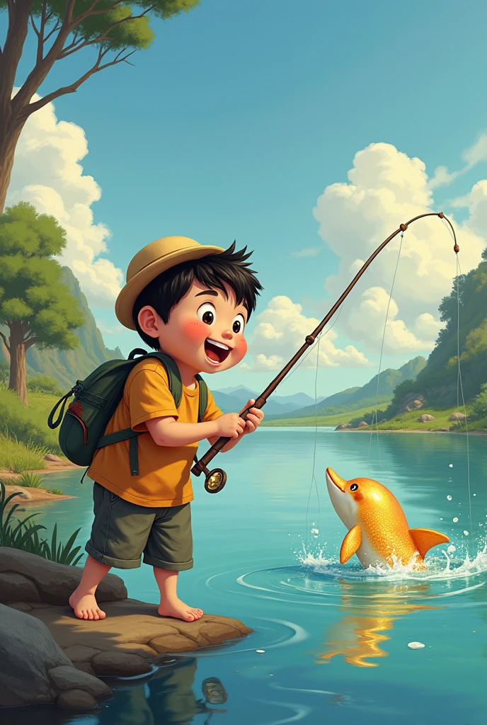 Draw me a picture , chubby boy catches gold dolphin fishing 