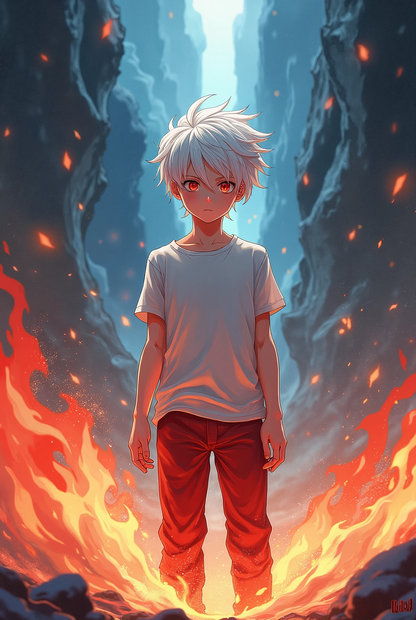 Solo boy,white haired,red eyed , wearing red coloured trousers and , white coloured t shirt, background covered in flames and ice, best quality, masterpiece,anime style, flames burning his t shirt 