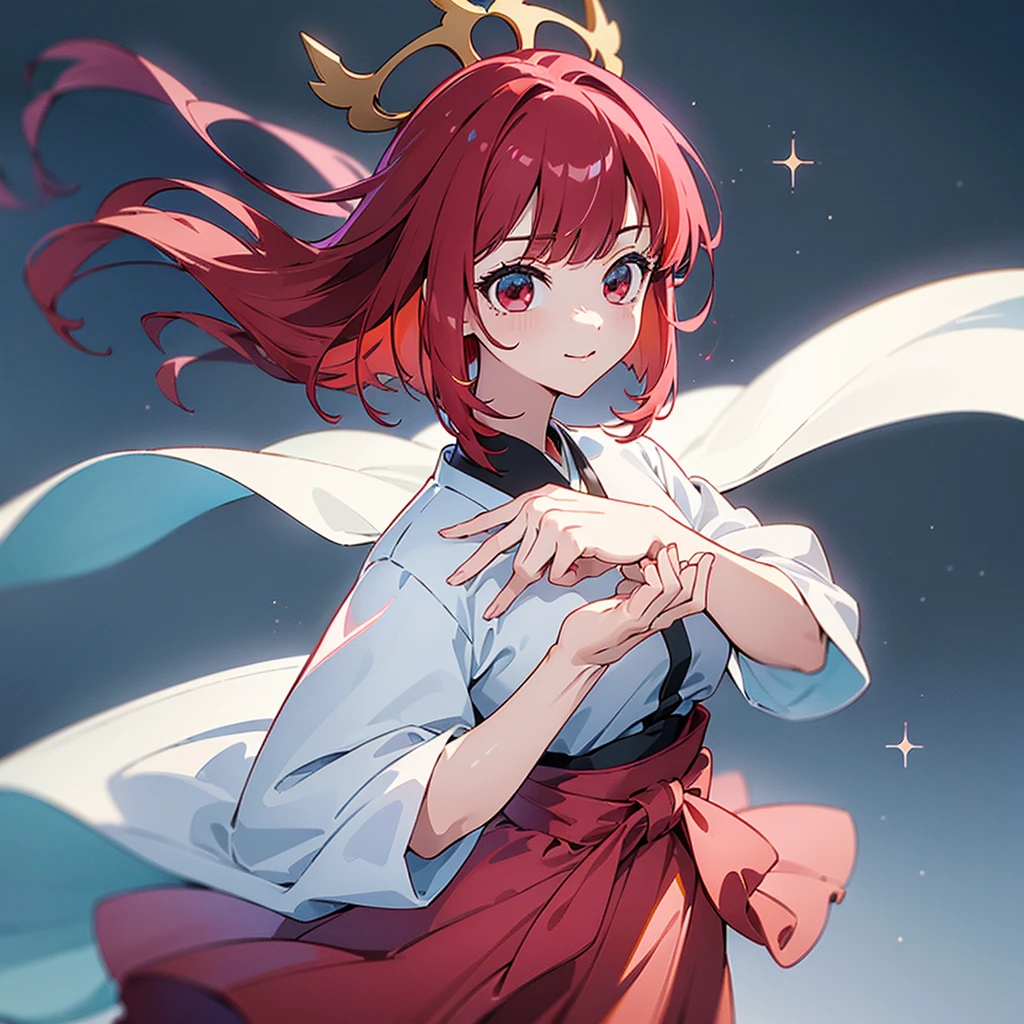 ((((masterpiece, Best Quality, Ultra-high resolution、Best illustrations))))、((Portrait of a person standing against a white background))、anime、A highly concentrated individual、(Very delicate and cute face)、(Sparkling Eyes)、A beautiful princess crown 、smile、Red cheeks、short red hair、Clean red eyes、Long red hakama、Knee-high boots、He is wearing a wooden sword at his waist.、Standing straight, facing slightly ahead.、((Perfect hands))、