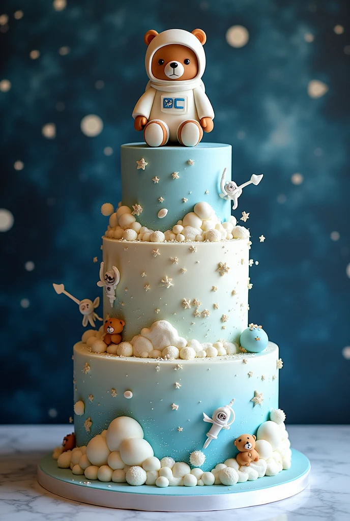 Three-tiered baby shower cake for a boy with an astronaut dad and a baby astronaut bear named Noah