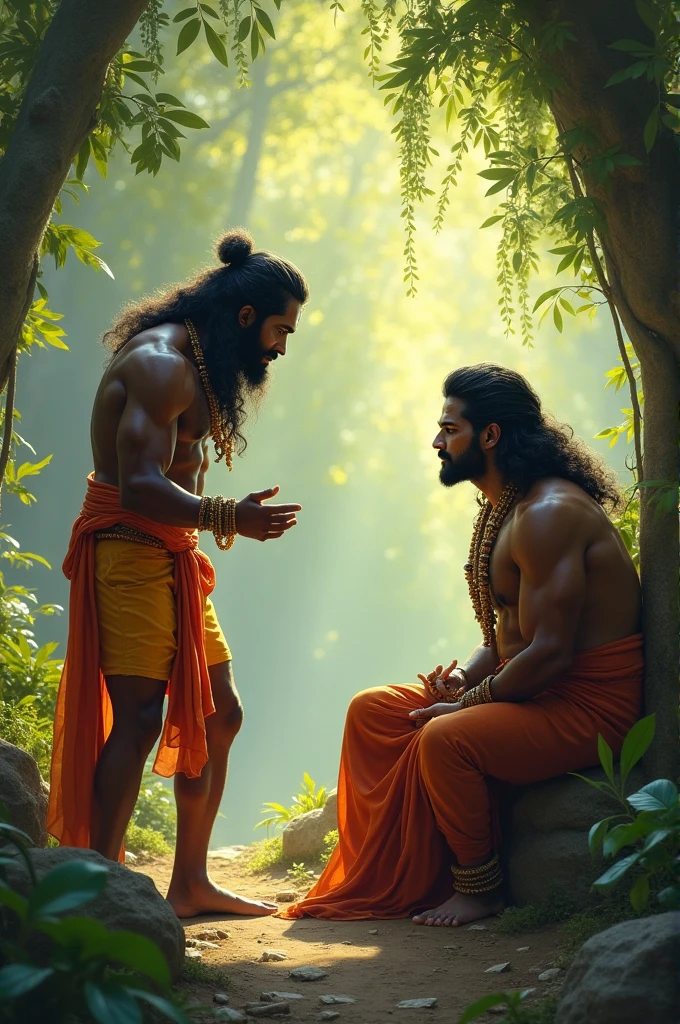 **Hanuman Returning to Rama**: Hanuman, back in his normal size, kneels before Rama and narrates the events in Lanka. Rama listens intently, his face showing a mixture of relief and gratitude. The scene is serene, set in a lush forest with soft light filtering through the trees, symbolizing hope and the impending victory.