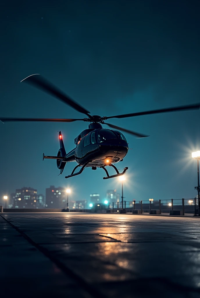 A hellicopter is landing on the helipad at the night.