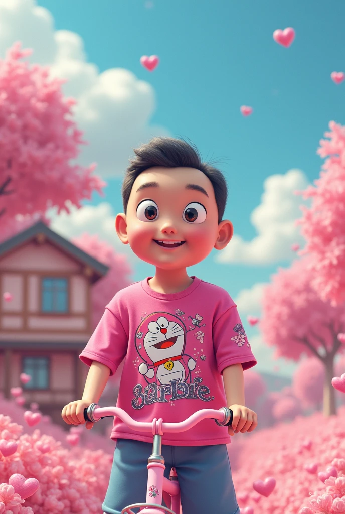 A Korean man with the head of Nobi Nobita wears a pink shirt with a barbie-themed shirt with a background of a pink bicycle and Doraemon&#39;s house