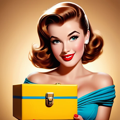 half-length portrait of a woman holding a golden box near her face, 1950s style, comic book style, arte pin up, beautiful brown hair and eyes, Caucasian skin, perfect lips, charming brown eyes, embarrassed smile, low-cut clothing