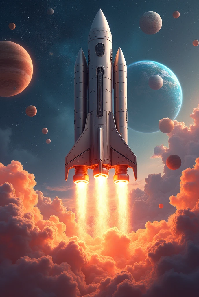 A rocket in a colorful space with planets and satellite around(in a frame of 9:16)