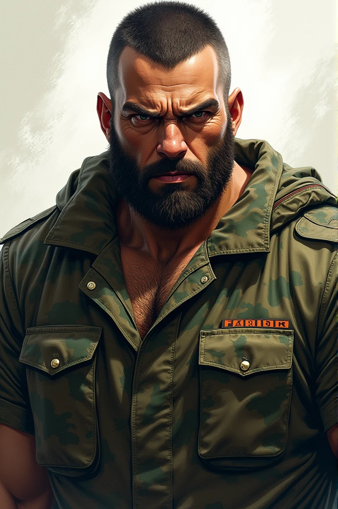 Illustrate a realistic man with a violent face and Roman descent. His body is robust and large, has short hair and no beard, he is wearing a Brazilian army camouflage uniform