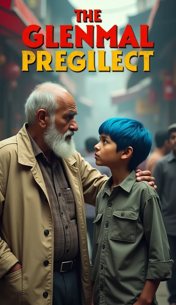 A scene on a busy street in India, showing an elderly man with white hair and a beard, wearing a beige jacket. He stands beside a young boy with bright blue hair, who looks up at him with a serious expression. The background is a bustling marketplace with blurred shops and pedestrians passing by, creating a sense of movement. The title of the movie is displayed at the top of the image in bold red and yellow text, contrasting with the muted colors of the street scene."
This prompt should capture the essence of the scene you're describing!