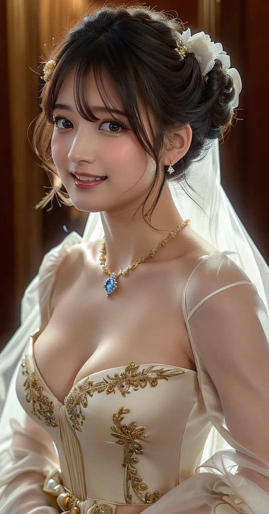 (8k,RAW Photos,Like the picture:1.45),masterpiece,Highest quality,wonderful,(セクシーなMature Woman:1),(Mature Woman:1.3), (3 woman.1.3)、(((very, very大きい)))、(((Extremely lewd and very huge boobs)))、(((Very deep cleavage)))、Hyper Real、In the lounge of a luxury hotel、An extremely beautiful and dignified smile、Extremely beautiful white skin、Extremely beautiful, delicate and precise skin texture、With long, fluffy, gorgeous brown hair((Evening updo:1.95))、Extremely beautiful women of Japan、(Big Ass)、Thick thighs、Bright red lips、Gold earrings、Gold bracelet、Gold Necklace、(Super Detail),((very繊細で美しい)),Focus on the characters,Dynamic Angle,looking at onlookers with an intensely lewd gaze,((alone)),Are standing,((Extremely obscene whole body)),((a princess wearing a wedding dress that's a gorgeous evening gown with voluminous skirts)),((Smiling beautiful bride)),Detailed, Big smile and eyes,Jewel-like eyes,((very長くてボリュームのある髪)),Gorgeous embroidery and lace,((Gorgeous corsage)),See through,(Gorgeous Jewelry Ornaments),Luxury Hair Accessories,Gorgeous jeweled tiara,Gorgeous frills,((Very lewd face and huge breasts)),indoor,Very fancy church wedding,((Extremely obscene whole body)),Hoop skirt,crinoline,very long wedding veil,(((a mix of a bejeweled wedding dress and a luxuriously embroidered rococo ball gown))),