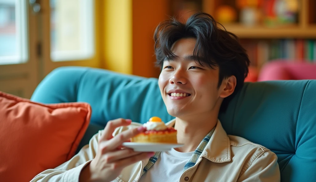 A Japanese male college student wearing fashionable clothes is sitting on a blue sofa with a cheerful expression and eating cake,Excited, Photo of your face, In a colorful room, with a natural look, With a slightly tired look, tilt your face a little, Diagonal orientation, Average face