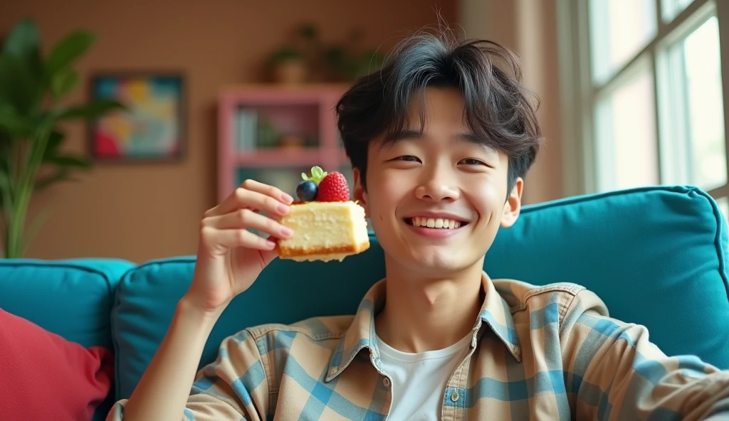 A Japanese male college student wearing fashionable clothes is sitting on a blue sofa with a cheerful expression and eating cake,Excited, Photo of your face, In a colorful room, with a natural look, With a slightly tired look, tilt your face a little, Diagonal orientation, Average face