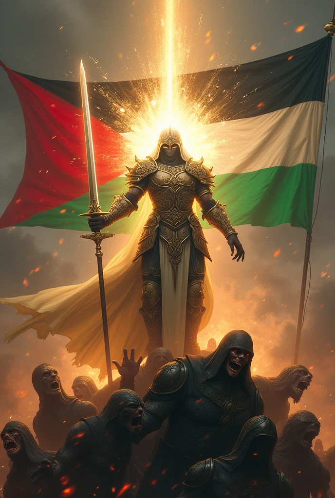 Soldat de lumière justice divine qui coupe la tête des démons sur le drapeau de Palestine le pleure des innocents