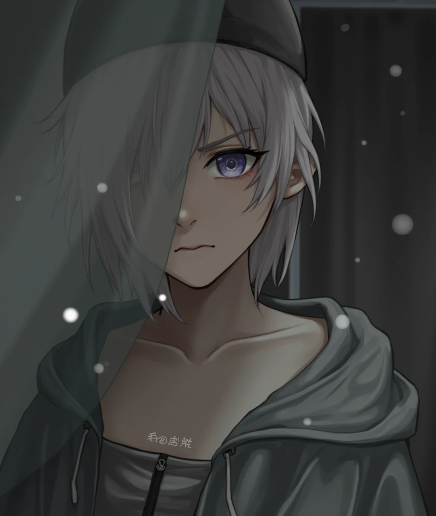 masterpiece, Best quality, 4K, uhd, Mishojo, drawing, beautiful eyes and detailed face, illustration, beautiful detailed, high resolution illustration, luminous_WHITE_particles, 1 girl, WHITE hair, light purple eyes, hair over one eye, short side detail, baseball cap,inexpressive, Window Curtain, Black jacket, chest installation, cyberpunk, Tehvear,(impressionism:1.4)