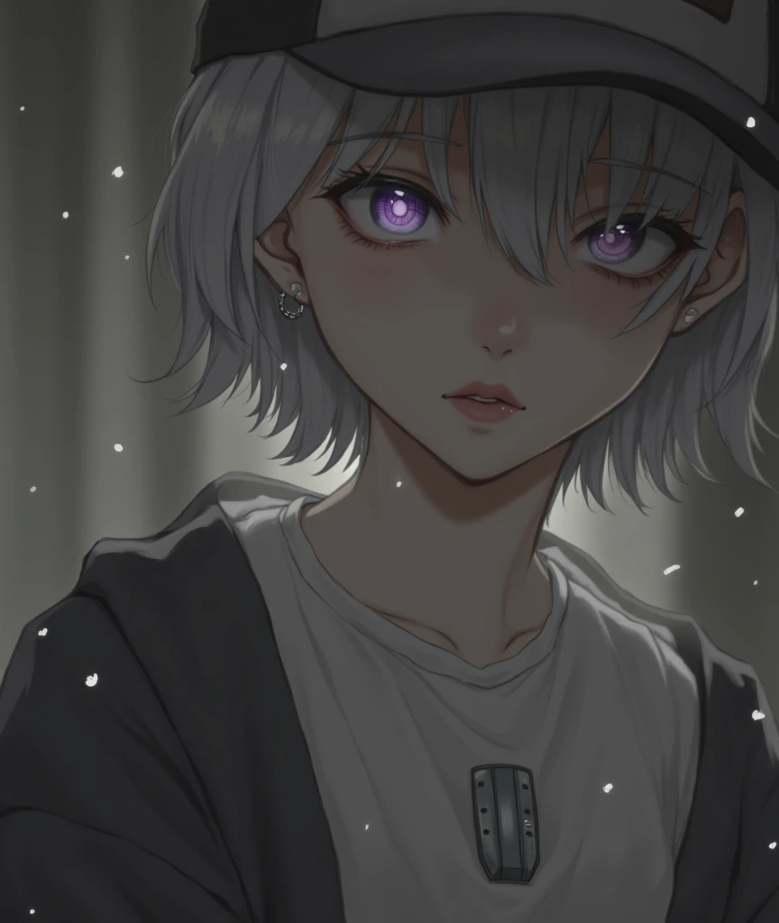 masterpiece, Best quality, 4K, uhd, Mishojo, drawing, beautiful eyes and detailed face, illustration, beautiful detailed, high resolution illustration, luminous_WHITE_particles, 1 girl, WHITE hair, light purple eyes, hair over one eye, short side detail, baseball cap,inexpressive, Window Curtain, Black jacket, chest installation, cyberpunk, Tehvear,(impressionism:1.4)