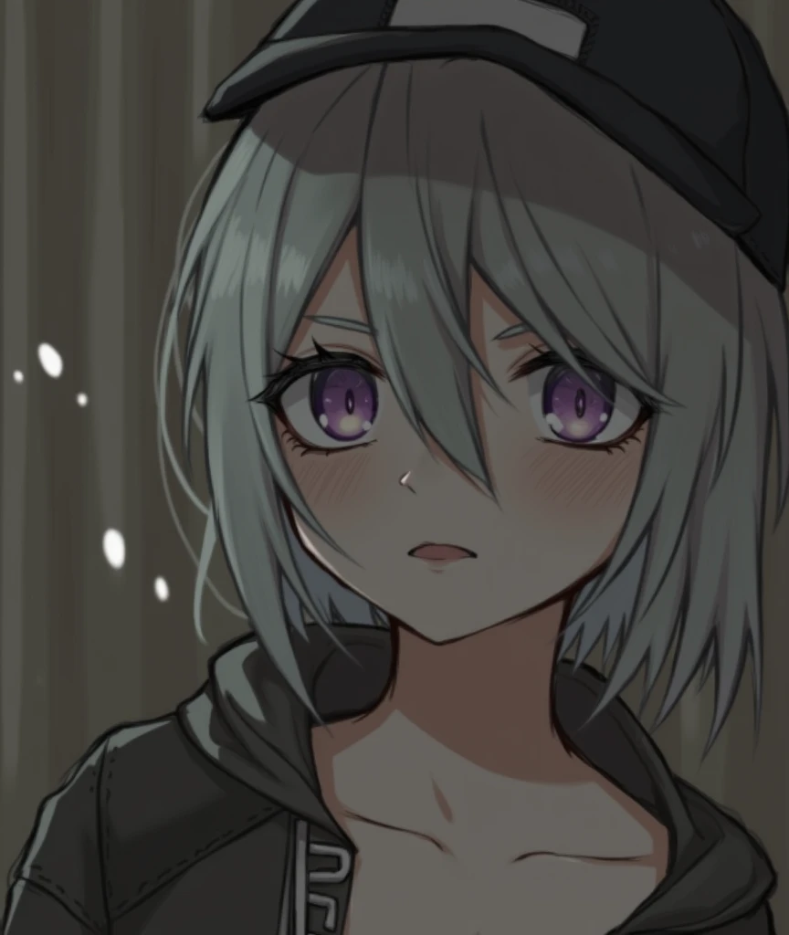 masterpiece, Best quality, 4K, uhd, Mishojo, drawing, beautiful eyes and detailed face, illustration, beautiful detailed, high resolution illustration, luminous_WHITE_particles, 1 girl, WHITE hair, light purple eyes, hair over one eye, short side detail, baseball cap,inexpressive, Window Curtain, Black jacket, chest installation, cyberpunk, Tehvear,(impressionism:1.4)