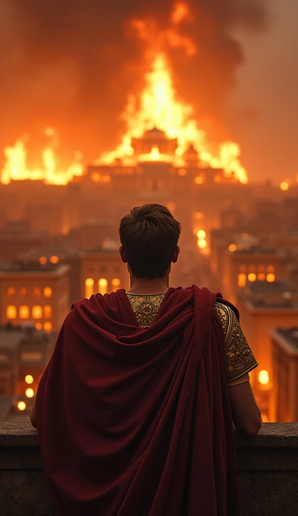 Nero watching Rome burn, dressed in imperial robes, with a cruel smile on his face as flames engulf the city.