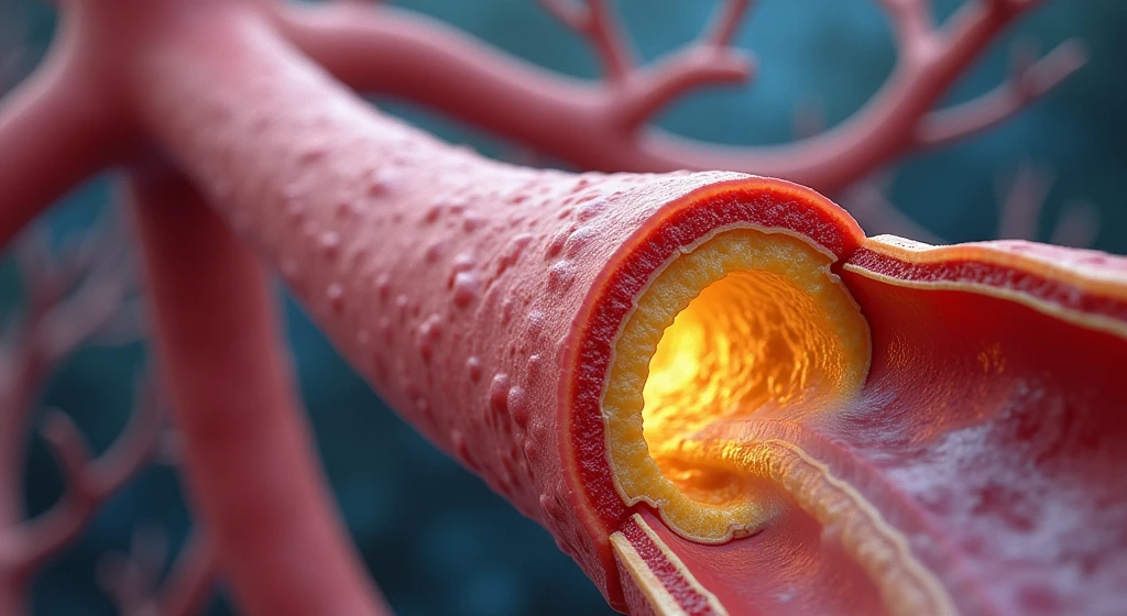 A medical illustration of a cross-section of artery, narrowed by plaque buildup, reducing blood flow. the plaque is shown in yellow.