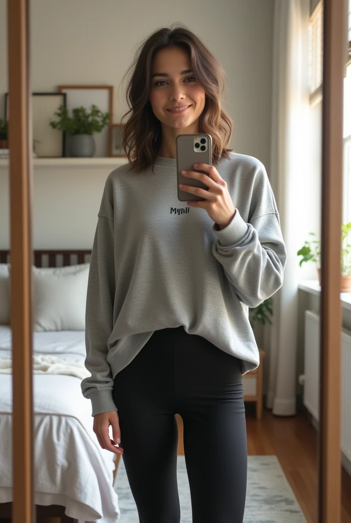 A young Caucasian woman in her twenties with slightly wavy, shoulder-length brown hair is standing in her modern bedroom. She wears a loose gray sweatshirt with a minimalist logo on the chest and high-waisted black leggings. Her hair falls freely around her face, slightly messy, adding a casual touch to her appearance. She holds her smartphone with one hand in front of her mirror, capturing a photo of herself. His expression is gentle and smiling, creating a relaxed and informal atmosphere. The room is modern with neutral colors, minimalist furniture, and a potted green plant in the corner. There is a large framed mirror against the wall behind her, reflecting part of the room. Natural light enters through a large window to its left, creating a bright and warm atmosphere. Elements like a throw thrown over the bed, a muted patterned rug, and a small shelf with books and personal items add a touch of comfort and style to the room.