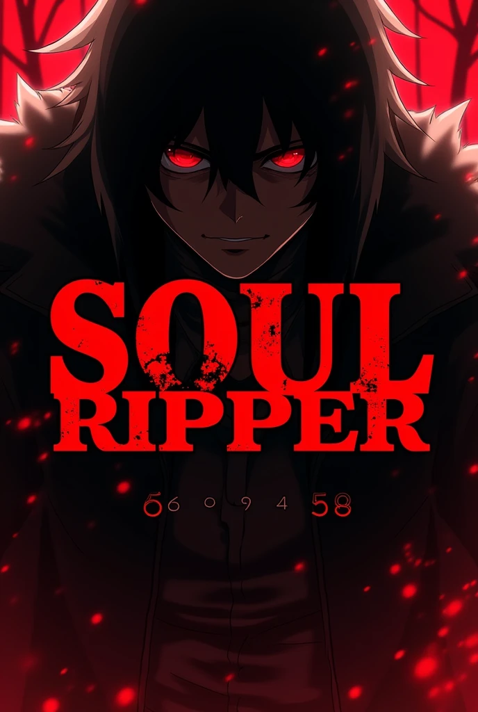 Make a text that is written "SoulRipper" "soul" to be in red characters and "Ripper" to be black characters with a background that is both dark and red with with a background that is included with a badass anime guy that only shows half of his face. Also make under the text SoulRipper make numbers under soulripper I want you to write in numbers ---> 16606458 with red and dark colors.
I want you to make the numbers stand out as much as the soul ripper text.
It's important that the name SoulRipper and the numbers 16606458 stands out.