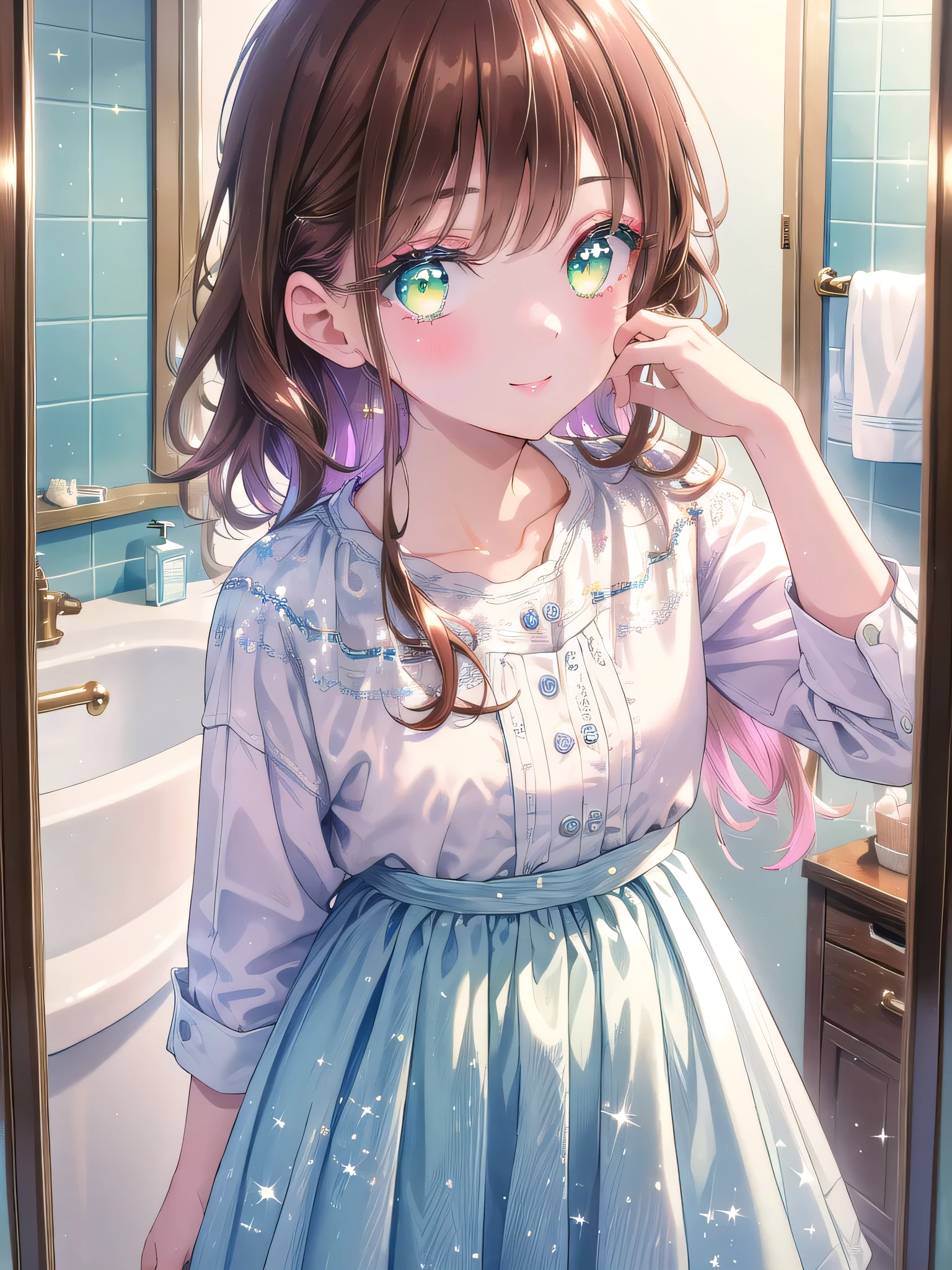 ((8k, Highest quality, masterpiece: 1.3)),Ultra-high resolution,(1 girl, alone), (Color changing eyes, Ultra-detailed, Expressive brilliance, Glitter, Glowing Eyes), Highly detailed eyes, Highly detailed face, Random Hair, ((pastel colour))The woman, with straight, shoulder-length dark brown hair, is standing in front of the bathroom mirror, applying makeup. She’s dressed in a casual white blouse tucked into light blue jeans, her expression focused yet calm. The bathroom is brightly lit, with a neat, organized counter, and she occasionally glances at the camera with a small, confident smile. Her green eyes reflect the determination of starting the day right, capturing the everyday routine of getting ready.