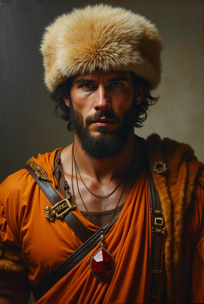 {{Masterpiece, best quality, oil painting, by Théodore Géricault, male focus, high resolution, muted colors}}, the composition is: (((((a dramatic half body portrait of a 2 ancient Roman brigand, sexy, magnificent, wearing a beige Russian fur hat, he is wearing a red diamond shape pendant))))). ((((He is wearing orange gladiator uniform made of tiger fur, alligator leather, with samurai inspired elements, Slavic inspired elements, wearing a satin sash)))).