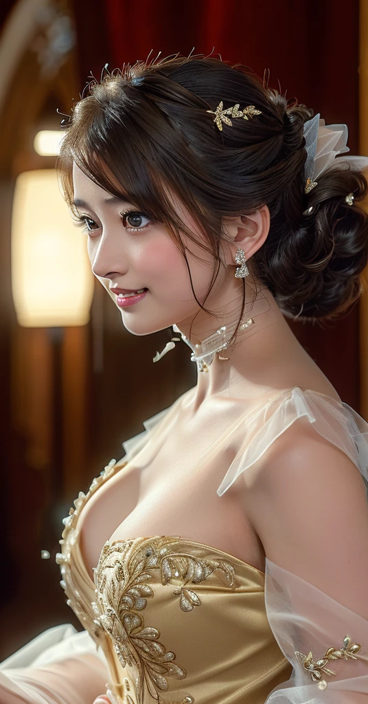 (8k,RAW Photos,Like the picture:1.45),masterpiece,Highest quality,wonderful,(セクシーなMature Woman:1),(Mature Woman:1.3), (3 woman.1.3)、(((very, very大きい)))、(((Extremely lewd and very huge boobs)))、(((Very deep cleavage)))、Hyper Real、In the lounge of a luxury hotel、An extremely beautiful and dignified smile、Extremely beautiful white skin、Extremely beautiful, delicate and precise skin texture、With long, fluffy, gorgeous brown hair((Evening updo:2.0))、Extremely beautiful women of Japan、(Big Ass)、Thick thighs、Bright red lips、Gold earrings、Gold bracelet、Gold Necklace、(Super Detail),((very繊細で美しい)),Focus on the characters,Dynamic Angle,looking at onlookers with an intensely lewd gaze,((alone)),Are standing,((Extremely obscene whole body)),((a princess wearing a wedding dress that's a gorgeous evening gown with voluminous skirts)),((Smiling beautiful bride)),Detailed, Big smile and eyes,Jewel-like eyes,((very長くてボリュームのある髪)),Gorgeous embroidery and lace,((Gorgeous corsage)),See through,(Gorgeous Jewelry Ornaments),Luxury Hair Accessories,Gorgeous jeweled tiara,Gorgeous frills,((Very lewd face and huge breasts)),indoor,Very fancy church wedding,((Extremely obscene whole body)),Hoop skirt,crinoline,very long wedding veil,(((a mix of a bejeweled wedding dress and a luxuriously embroidered rococo ball gown))),