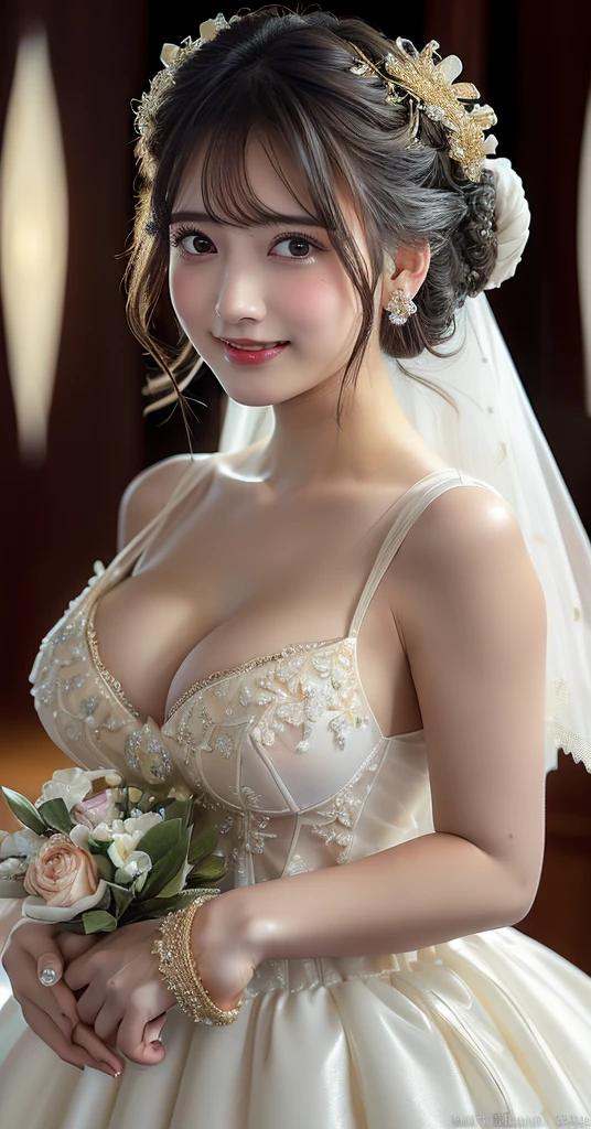 (8k,RAW Photos,Like the picture:1.45),masterpiece,Highest quality,wonderful,(セクシーなMature Woman:1),(Mature Woman:1.3), (3 woman.1.3)、(((very, very大きい)))、(((Extremely lewd and very huge boobs)))、(((Very deep cleavage)))、Hyper Real、In the lounge of a luxury hotel、An extremely beautiful and dignified smile、Extremely beautiful white skin、Extremely beautiful, delicate and precise skin texture、With long, fluffy, gorgeous brown hair((Evening updo:2.0))、Extremely beautiful women of Japan、(Big Ass)、Thick thighs、Bright red lips、Gold earrings、Gold bracelet、Gold Necklace、(Super Detail),((very繊細で美しい)),Focus on the characters,Dynamic Angle,looking at onlookers with an intensely lewd gaze,((alone)),Are standing,((Extremely obscene whole body)),((a princess wearing a wedding dress that's a gorgeous evening gown with voluminous skirts)),((Smiling beautiful bride)),Detailed, Big smile and eyes,Jewel-like eyes,((very長くてボリュームのある髪)),Gorgeous embroidery and lace,((Gorgeous corsage)),See through,(Gorgeous Jewelry Ornaments),Luxury Hair Accessories,Gorgeous jeweled tiara,Gorgeous frills,((Very lewd face and huge breasts)),indoor,Very fancy church wedding,((Extremely obscene whole body)),Hoop skirt,crinoline,very long wedding veil,(((a mix of a bejeweled wedding dress and a luxuriously embroidered rococo ball gown))),