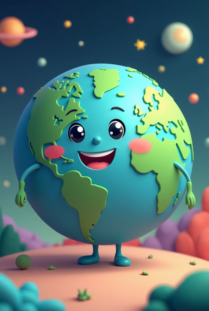 Create an image of a happy and caring planet Earth in an animated style